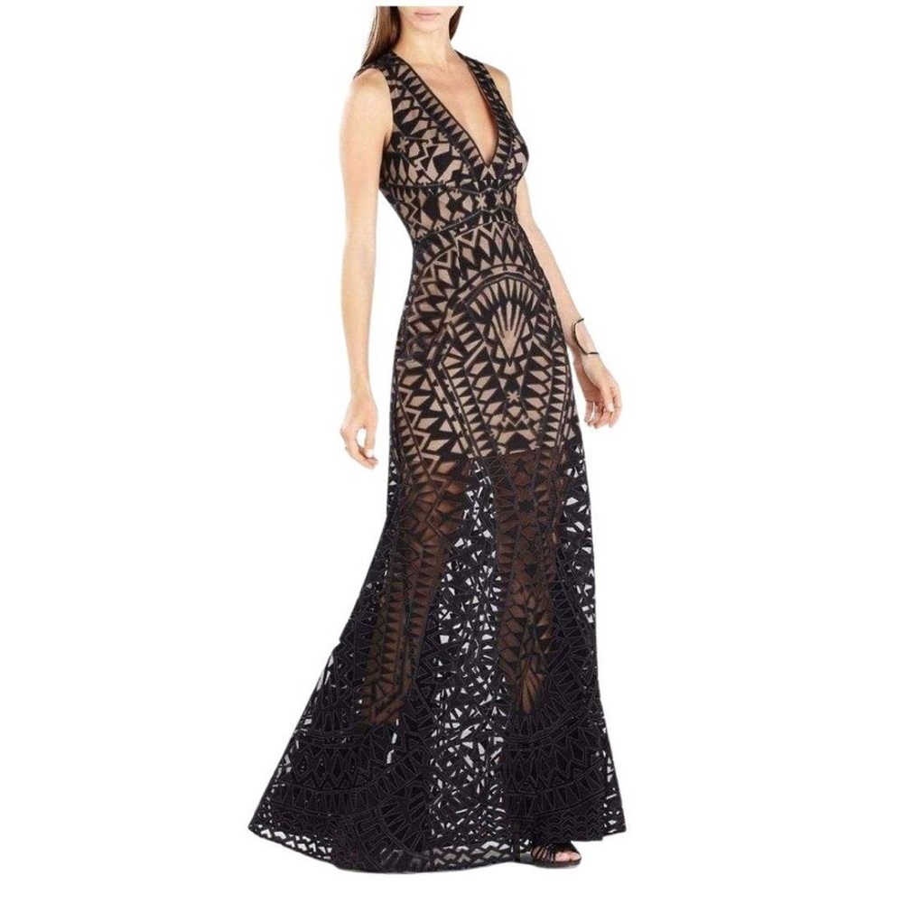 $748 BCBGMAXAZRIA Maranda Burnout Lace Halter Dress Gown Fit Flare Mermaid